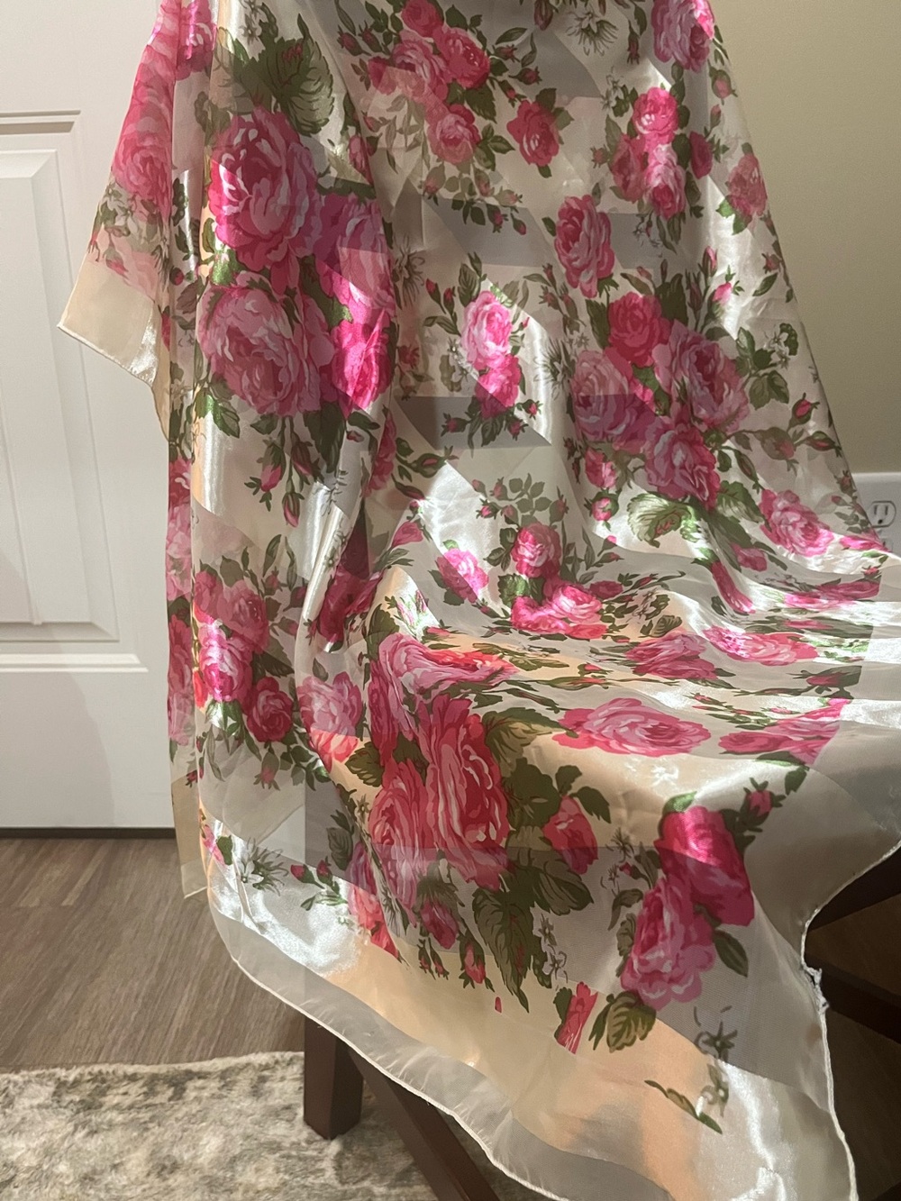 Sheer Floral Rose Scarf in Pink and Green on Cream